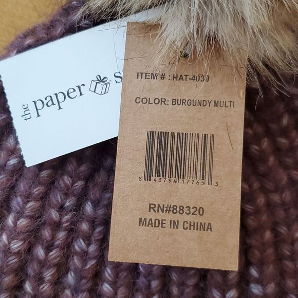NWT C.C BEANIE POM POM WINTER HAT BURGUNDY BROWN HEATHERED FAUX FUR - Picture 9 of 9